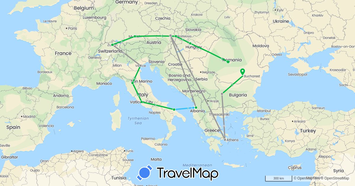 TravelMap itinerary: driving, bus, plane, boat in Albania, Austria, Bulgaria, Switzerland, Germany, Greece, Hungary, Italy, Romania, Slovakia (Europe)